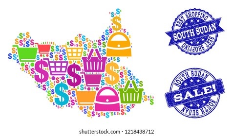 Best shopping combination of mosaic map of South Sudan and dirty stamps. Vector blue watermarks with scratched rubber texture for sales. Flat design for shopping templates.