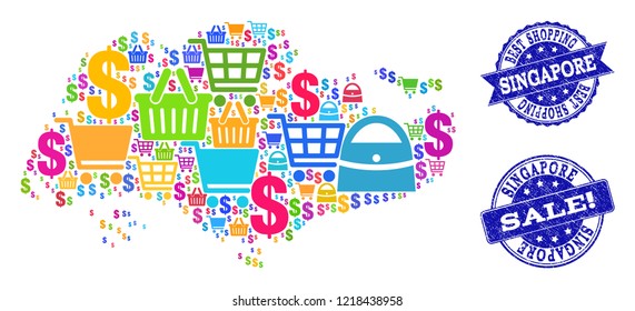 Best shopping combination of mosaic map of Singapore and textured seals. Vector blue watermarks with unclean rubber texture for sales. Flat design for shopping illustrations.