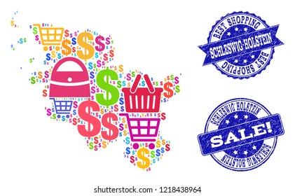Best shopping combination of mosaic map of Schleswig-Holstein State and scratched seals. Vector blue seals with scratched rubber texture for sales. Flat design for promotion posters.