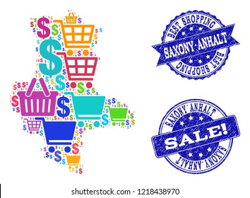Best shopping combination of mosaic map of Saxony-Anhalt State and unclean seals. Vector blue seals with unclean rubber texture for sales. Flat design for trade posters.