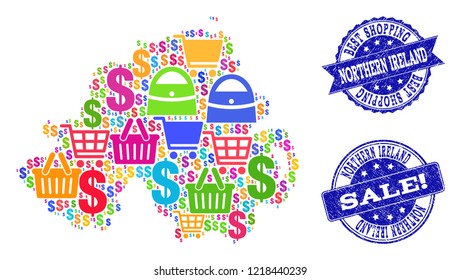 Best shopping combination of mosaic map of Northern Ireland and grunge seals. Vector blue seals with grunge rubber texture for sales. Flat design for sale posters.
