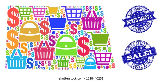 Best shopping combination of mosaic map of North Dakota State and rubber seal stamps. Vector blue imprints with distress rubber texture for sales. Flat design for sale posters.