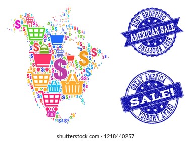 Best shopping combination of mosaic map of North America and grunge seals. Vector blue seals with grunge rubber texture for sales. Flat design for promotion purposes.