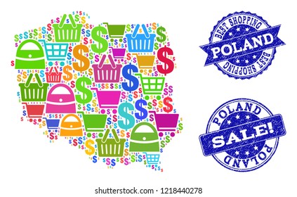 Best shopping combination of mosaic map of Poland and rubber seal stamps. Vector blue imprints with grunge rubber texture for sales. Flat design for advertisement purposes.