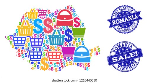 Best shopping combination of mosaic map of Romania and rubber seals. Vector blue seals with unclean rubber texture for sales. Flat design for sale illustrations.