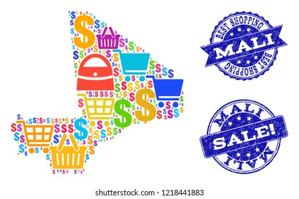 Best shopping combination of mosaic map of Mali and grunge seals. Vector blue seals with distress rubber texture for sales. Flat design for shopping illustrations.
