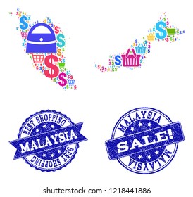 Best shopping combination of mosaic map of Malaysia and corroded seals. Vector blue seals with corroded rubber texture for sales. Flat design for trade illustrations.