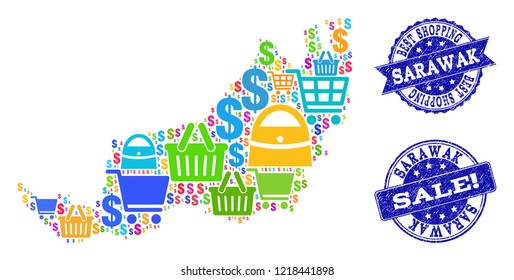 Best shopping combination of mosaic map of Malaysian Sarawak and corroded seals. Vector blue seals with scratched rubber texture for sales. Flat design for shopping templates.