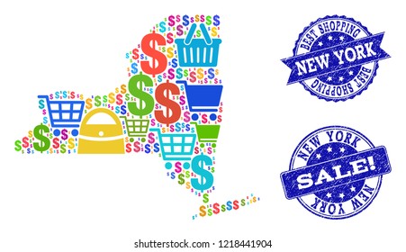 Best shopping combination of mosaic map of New York State and grunge seals. Vector blue seals with unclean rubber texture for sales. Flat design for shopping purposes.
