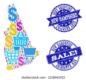Best shopping combination of mosaic map of New Hampshire State and rubber stamps. Vector blue imprints with corroded rubber texture for sales. Flat design for shopping illustrations.