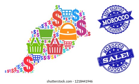 Best shopping combination of mosaic map of Morocco and rubber seals. Vector blue imprints with unclean rubber texture for sales. Flat design for advertisement templates.