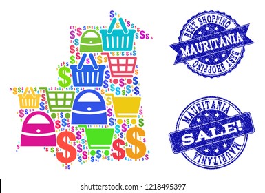 Best shopping combination of mosaic map of Mauritania and scratched seals. Vector blue imprints with scratched rubber texture for sales. Flat design for trade posters.