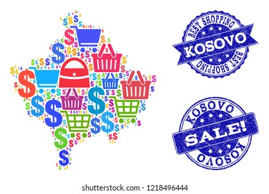 Best shopping combination of mosaic map of Kosovo and scratched stamps. Vector blue imprints with scratched rubber texture for sales. Flat design for advertisement illustrations.