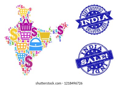 Best shopping combination of mosaic map of India and rubber seals. Vector blue seals with unclean rubber texture for sales. Flat design for promotion illustrations.