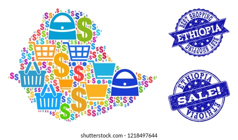 Best shopping combination of mosaic map of Ethiopia and corroded seal stamps. Vector blue seals with corroded rubber texture for sales. Flat design for shopping purposes.
