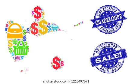 Best shopping combination of mosaic map of Guadeloupe and corroded stamps. Vector blue imprints with corroded rubber texture for sales. Flat design for shopping purposes.