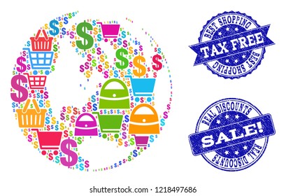 Best shopping combination of mosaic map of global world and rubber seal stamps. Vector blue watermarks with unclean rubber texture for sales. Flat design for shopping illustrations.