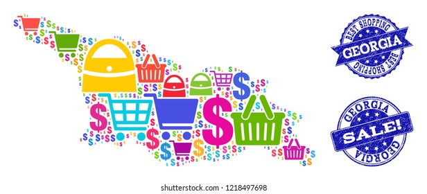 Best shopping combination of mosaic map of Georgia country and rubber seal stamps. Vector blue watermarks with unclean rubber texture for sales. Flat design for shopping posters.