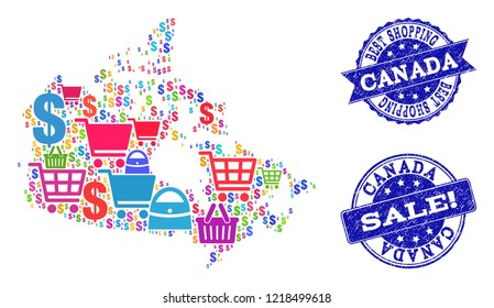 Best shopping combination of mosaic map of Canada and unclean seal stamps. Vector blue watermarks with unclean rubber texture for sales. Flat design for shopping posters.