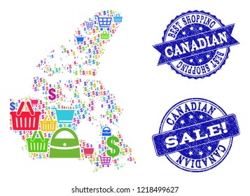 Best shopping combination of mosaic map of Canada and textured seals. Vector blue seals with scratched rubber texture for sales. Flat design for sale templates.