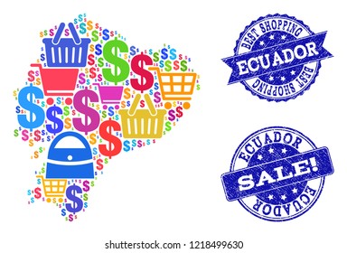 Best shopping combination of mosaic map of Ecuador and grunge seals. Vector blue watermarks with grunge rubber texture for sales. Flat design for shopping purposes.