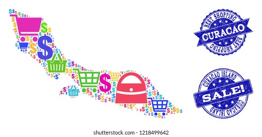 Best shopping combination of mosaic map of Curacao Island and unclean stamps. Vector blue imprints with unclean rubber texture for sales. Flat design for shopping posters.