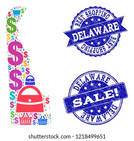Best shopping combination of mosaic map of Delaware State and rubber seal stamps. Vector blue imprints with distress rubber texture for sales. Flat design for promotion posters.