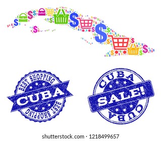 Best shopping combination of mosaic map of Cuba Island and scratched seals. Vector blue seals with scratched rubber texture for sales. Flat design for shopping illustrations.