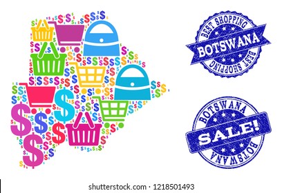 Best shopping combination of mosaic map of Botswana and rubber seals. Vector blue watermarks with scratched rubber texture for sales. Flat design for shopping illustrations.