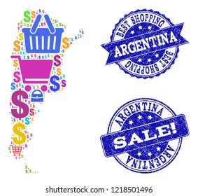 Best shopping combination of mosaic map of Argentina and corroded seal stamps. Vector blue seals with corroded rubber texture for sales. Flat design for shopping purposes.