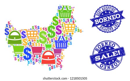 Best shopping combination of mosaic map of Borneo Island and rubber seals. Vector blue watermarks with grunge rubber texture for sales. Flat design for sale purposes.
