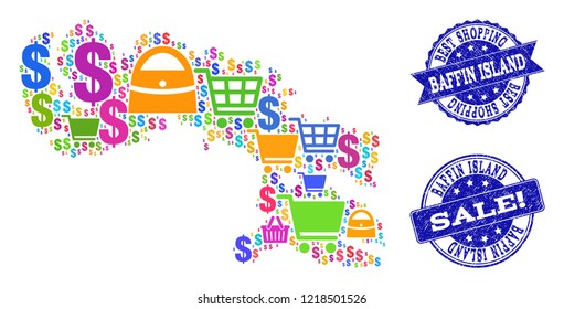Best shopping combination of mosaic map of Baffin Island and rubber stamps. Vector blue watermarks with unclean rubber texture for sales. Flat design for advertisement purposes.