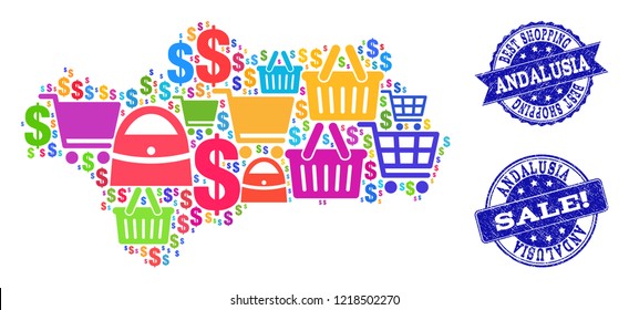 Best shopping combination of mosaic map of Andalusia Province and rubber seals. Vector blue watermarks with grunge rubber texture for sales. Flat design for shopping purposes.
