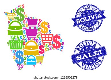 Best shopping combination of mosaic map of Bolivia and rubber seals. Vector blue seals with distress rubber texture for sales. Flat design for advertisement illustrations.