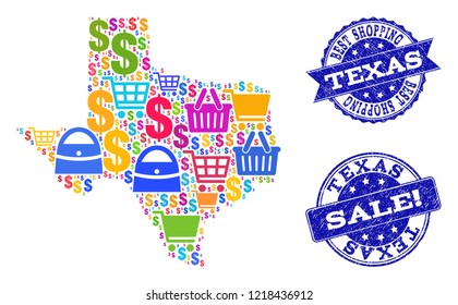 Best shopping composition of mosaic map of Texas State and rubber seals. Vector blue seals with grunge rubber texture for sales. Flat design for shopping purposes.