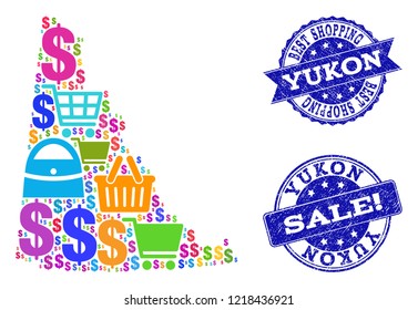 Best shopping composition of mosaic map of Yukon Province and rubber seal stamps. Vector blue imprints with corroded rubber texture for sales. Flat design for shopping illustrations.