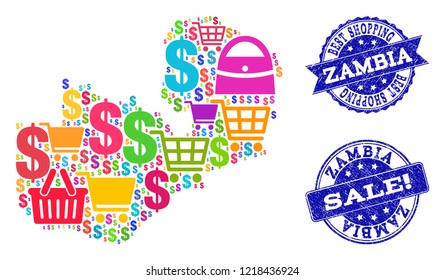 Best shopping composition of mosaic map of Zambia and scratched seals. Vector blue seals with scratched rubber texture for sales. Flat design for promotion templates.