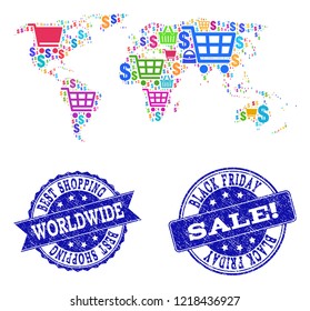 Best shopping composition of mosaic map of world and rubber stamps. Vector blue seals with unclean rubber texture for sales. Flat design for shopping templates.