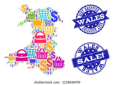 Best shopping composition of mosaic map of Wales and dirty stamps. Vector blue watermarks with distress rubber texture for sales. Flat design for shopping illustrations.