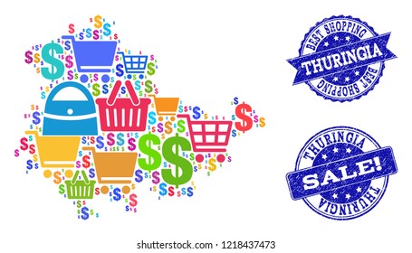 Best shopping composition of mosaic map of Thuringia State and unclean seals. Vector blue imprints with scratched rubber texture for sales. Flat design for shopping posters.