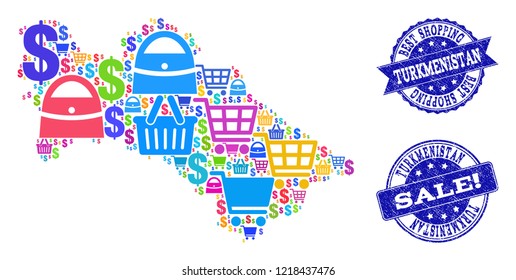 Best shopping composition of mosaic map of Turkmenistan and scratched seals. Vector blue seals with grunge rubber texture for sales. Flat design for shopping templates.