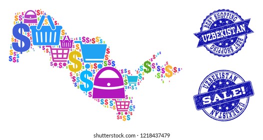 Best shopping composition of mosaic map of Uzbekistan and unclean seals. Vector blue seals with unclean rubber texture for sales. Flat design for sale posters.