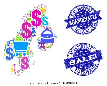 Best shopping composition of mosaic map of Scandinavia and corroded seals. Vector blue seals with corroded rubber texture for sales. Flat design for trade illustrations.