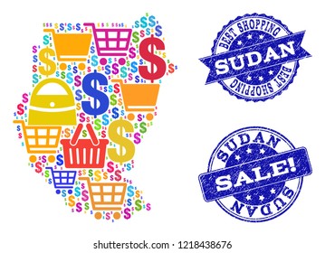 Best shopping composition of mosaic map of Sudan and rubber stamps. Vector blue seals with unclean rubber texture for sales. Flat design for advertisement illustrations.