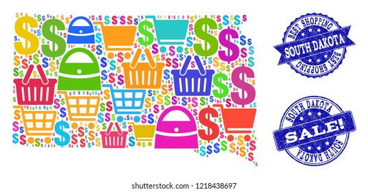 Best shopping composition of mosaic map of South Dakota State and rubber seals. Vector blue seals with distress rubber texture for sales. Flat design for shopping purposes.