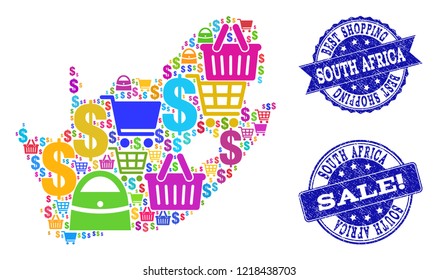 Best shopping composition of mosaic map of South African Republic and scratched seal stamps. Vector blue watermarks with scratched rubber texture for sales. Flat design for shopping posters.