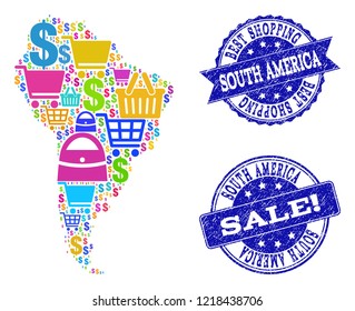 Best shopping composition of mosaic map of South America and rubber seal stamps. Vector blue seals with scratched rubber texture for sales. Flat design for shopping templates.
