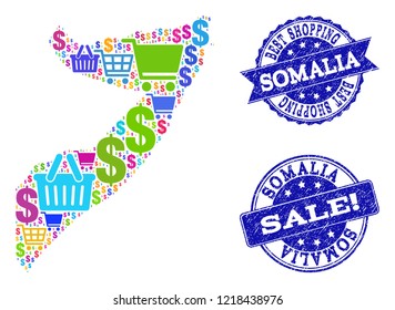 Best shopping composition of mosaic map of Somalia and scratched seals. Vector blue seals with scratched rubber texture for sales. Flat design for trade purposes.
