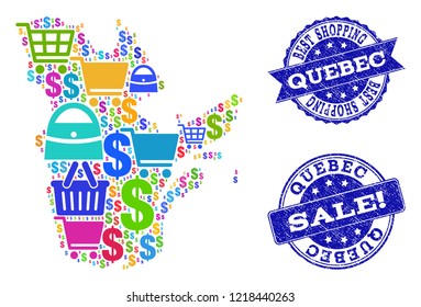 Best shopping composition of mosaic map of Quebec Province and rubber stamps. Vector blue imprints with scratched rubber texture for sales. Flat design for trade purposes.