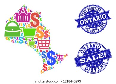 Best shopping composition of mosaic map of Ontario Province and dirty seals. Vector blue watermarks with unclean rubber texture for sales. Flat design for shopping posters.